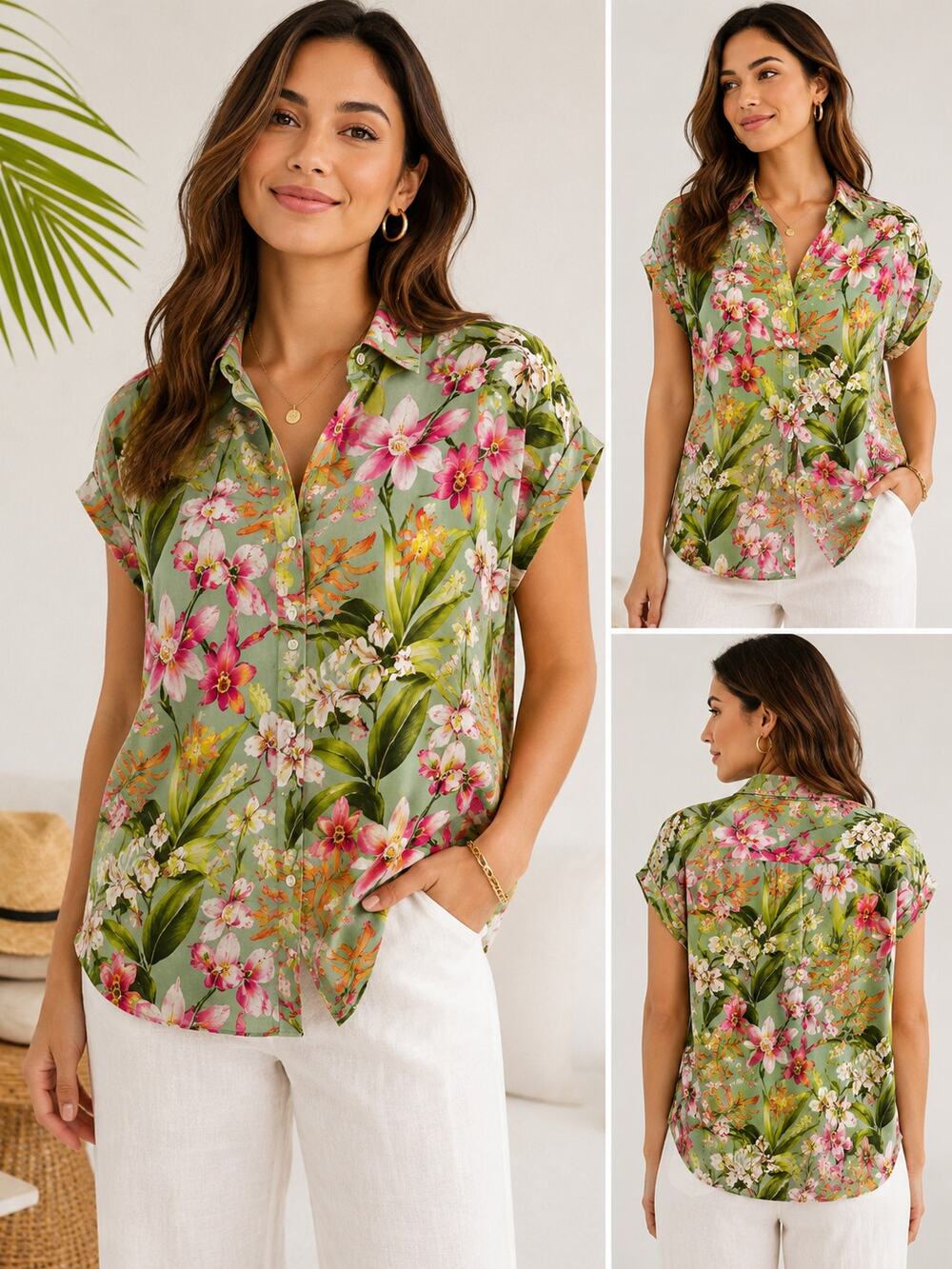 Tommy Bahama Green Floral Button-Up Tank Top